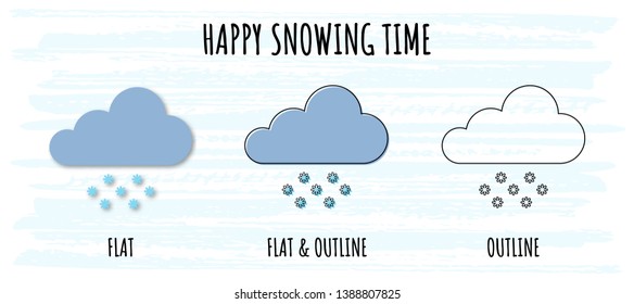 Meteorology set icons of snow in flat and outline styles for website or mobile app. Modern additional weather elements of snowing day. Simple design symbols with nice phrase on light blue background.