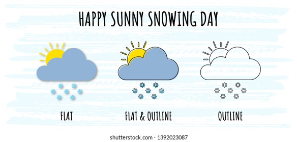 Meteorology set icons of snowing sunny day in flat and outline styles for website or mobile app. Modern additional weather elements. Simple design symbols with nice phrase on light blue background.