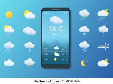 Meteorology. Smartphone with weather forecast. Set of flat style icons for mobile applications and web sites. Vector illustration.