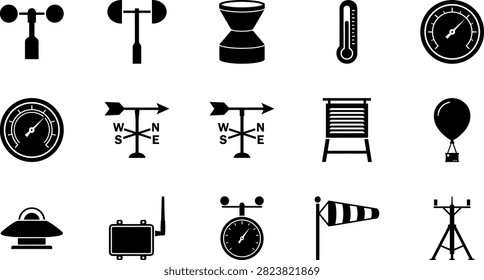 Meteorology station tools icon set featuring anemometer, weather vane, barometer, thermometer, and windsock.