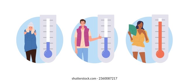 Meteorology thermometer with different temperature degree and diverse people round icon composition