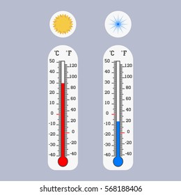 Meteorology thermometers icon Celsius and Fahrenheit Measuring hot and cold temperature Vector illustration