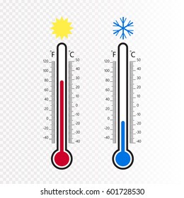 Meteorology Thermometers Isolated. Cold And Heat Temperature. Vector Illustration. Celsius And Fahrenheit 