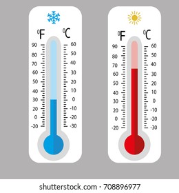 Meteorology thermometers isolated. Cold and heat temperature. Vector illustration. Celsius and fahrenheit