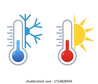 Meteorology thermometers isolated on white background. Celsius and Fahrenheit thermometers. Cold and hot weather.