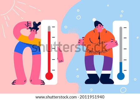 Meteorology thermometers and measuring temperature concept. Cold and hot people standing and feeling Heat and cold weather vector illustration