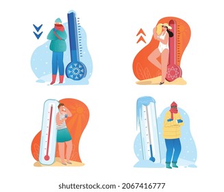 Meteorology thermometers set. Men and women in winter and summer season. Cold and warm weather. Characters in outerwear and swimwear. Cartoon flat vector collection isolated on white background