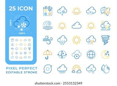 Meteorology two color line icons set. Weather forecast symbols. Precipitations, temperature and wind icons bicolor outline iconset isolated. Duotone pictograms thin linear. Editable stroke