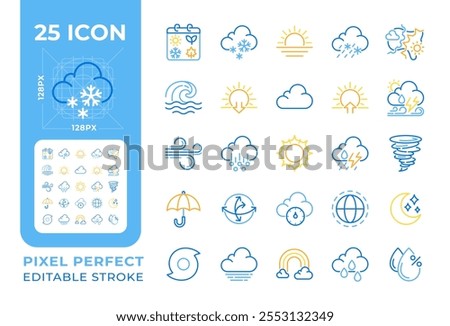 Meteorology two color line icons set. Weather forecast symbols. Precipitations, temperature and wind icons bicolor outline iconset isolated. Duotone pictograms thin linear. Editable stroke