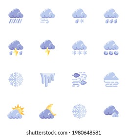 Meteorology weather elements collection, forecast weather flat icons set, Colorful symbols pack contains - snow, rain, sun, cloud, wind, storm, hail, ice. Vector illustration. Flat style design