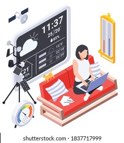 Meteorology weather forecast isometric composition with woman on sofa info screen barometer and thermometer with sensors vector illustration