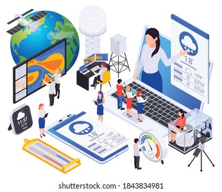 Meteorology weather forecast isometric composition with images of computer screens satellite and radars with human characters vector illustration