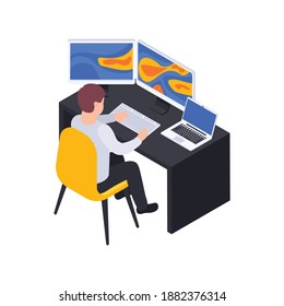 Meteorology weather forecast isometric composition with man sitting at table with computer screens vector illustration