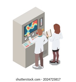 Meteorology weather forecast isometric composition with pair of workers analyzing data on machine vector illustration