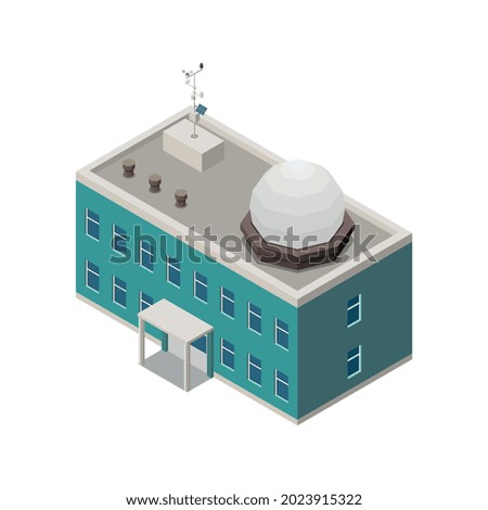 Meteorology weather forecast isometric composition with isolated modern meteo station building vector illustration