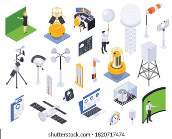 Meteorology Weather Forecast Isometric Set With Isolated Icons Of Wind Pressure And Temperature Sensors With People Vector Illustration