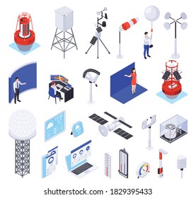 Meteorology Weather Forecast Isometric Set Of Isolated Equipment Icons With Buoy Radars Satellites And Weatherman Characters Vector Illustration