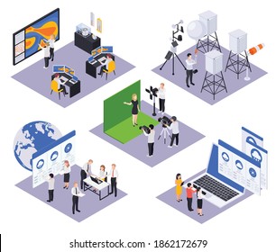 Meteorología pronóstico meteorológico conjunto isométrico de composiciones con computadoras del centro de análisis de datos de estudio de difusión y radares ilustración vectorial