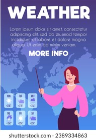 Meteorology and weather forecast poster, vector illustration. Young woman forecaster or female presenter points to the map. Drawing in simple flat cartoon style. Design template