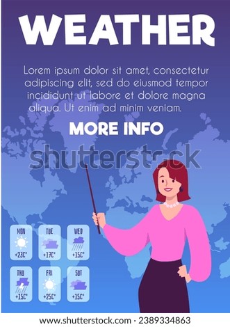 Meteorology and weather forecast poster, vector illustration. Young woman forecaster or female presenter points to the map. Drawing in simple flat cartoon style. Design template