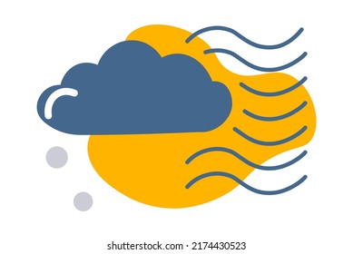 Meteorology and weather forecast, review or outlook. Isolated icon with clouds, few drops of rain and wind. Windy conditions and sunshine, hot temperatures degree outside. Vector in flat style