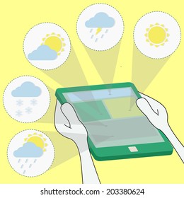 Meteorology and weather forecast through the tablet - rain, sun, overcast, snow, storm. Surfing the tablet. Meteorology and weather forecast through the tablet.