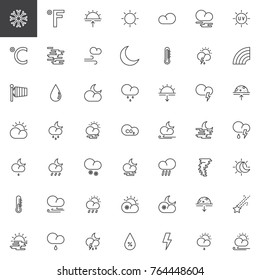 Meteorology weather and forecast universal line icons set, outline vector symbol collection, linear style pictogram pack. Signs, logo illustration. Set includes icons as cloud, moon, snow, rain, mist