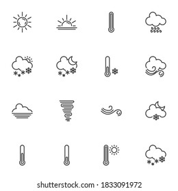 Meteorology weather line icons set, forecast outline vector symbol collection, linear style pictogram pack. Signs, logo illustration. Set includes icons as temperature thermometer, cloud, rain, snow