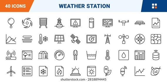 Meteorology weather station sensor line icon set covering forecast, climate, wind, and vane concepts, thin linear illustration.