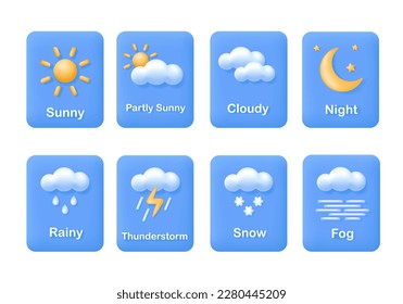 Meteorology website or mobile app icon set for weather forecast. Sun, moon, clouds, fog, rain and snow. Climate Vector illustrations isolated on white background.