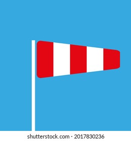 Meteorologie Windkegel Symbol. Rot-weißer gestreiftes Windsock auf blauem Hintergrund. Vektorsymbol