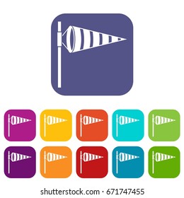 Meteorology windsock inflated by wind icons set vector illustration in flat style In colors red, blue, green and other