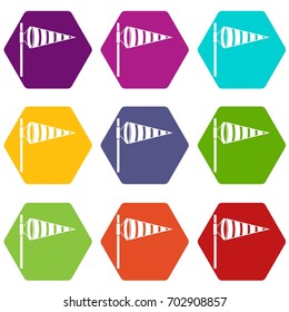 Meteorology windsock inflated by wind icon set many color hexahedron isolated on white vector illustration