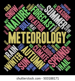 Meteorology word cloud in shape of square. Weather concept. Black background.