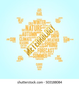 Meteorology word cloud in shape of sun. Weather concept. Blue background.
