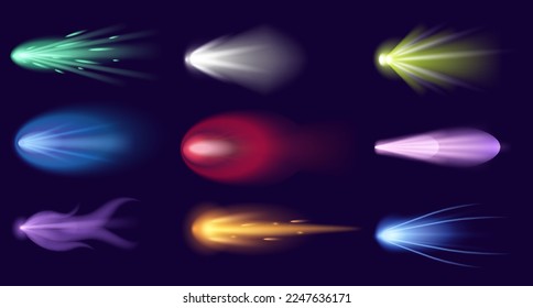 Meteors and comets. Set of neon space flying meteorites and asteroids, realistic vector illustration. Meteors fire trails isolated. Fireballs and stars glowing gas and dust tails at galaxy