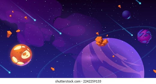 Meteors and rocky asteroids flying in outer space. Cosmic background with planets, stars and satellites. Cartoon vector illustration of alien globes in starry sky. Fantasy galaxy for computer game