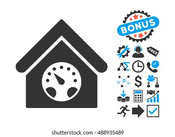 Meter Building icon with bonus design elements. Vector illustration style is flat iconic bicolor symbols, blue and gray colors, white background.