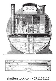 Medir el nivel de agua constante, ilustración grabada vintage. Enciclopedia industrial E.-O. Lami - 1875. 