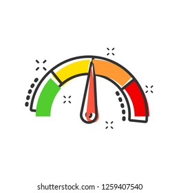 Meter dashboard icon in comic style. Credit score indicator level vector cartoon illustration pictogram. Gauges with measure scale business concept splash effect.