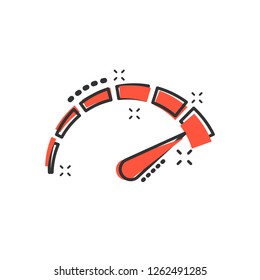 Meter dashboard icon in comic style. Credit score indicator level vector cartoon illustration pictogram. Gauges with measure scale business concept splash effect.