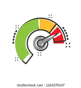 Meter dashboard icon in comic style. Credit score indicator level vector cartoon illustration pictogram. Gauges with measure scale business concept splash effect.