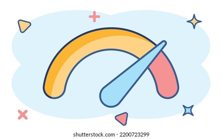 Meter dashboard icon in comic style. Credit score indicator level vector cartoon illustration pictogram. Gauges with measure scale business concept splash effect.