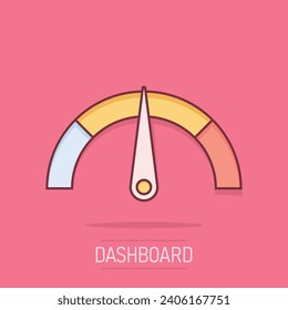 Meter dashboard icon in comic style. Credit score indicator level vector cartoon illustration pictogram. Gauges with measure scale business concept splash effect.