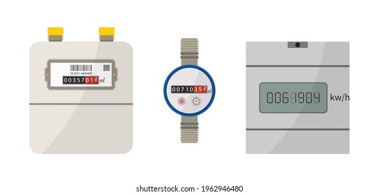 Meter of electric, gas and water. Counter box with display for measure consumption of electrician, water and gas. Equipment for home. Machine for control and economize energy. Data panel. Vector.