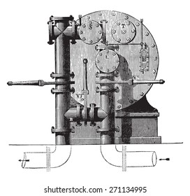 Meter factory seen from behind with three valves available for forming the bypass, vintage engraved illustration. Industrial encyclopedia E.-O. Lami - 1875. 