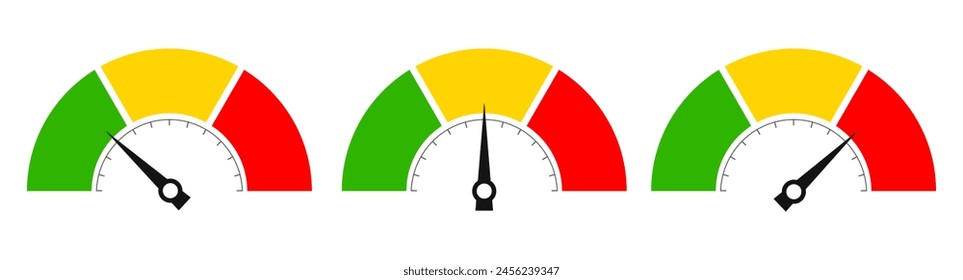 Meter gauge icon, low normal and high level indicators on white background. Vector flat illustrations of measurement devices, good bad poor score, estimate web design elements