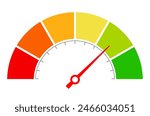 Meter gauge icon, scale with arrow vector cartoon on white background. Flat illustration of metering device with red to green scale indicators, web design element