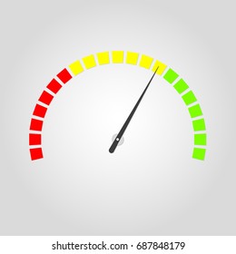 Meter and gauge icon. Speedometer with red, yellow and green colors. Speed and rpm meter symbol. Vector illustration.