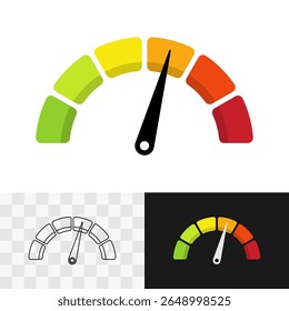 Ilustración simple de medidor con flecha negra y seis sectores codificados en color de verde a rojo. Indicador de velocidad u otro indicador de redondeo de valor
